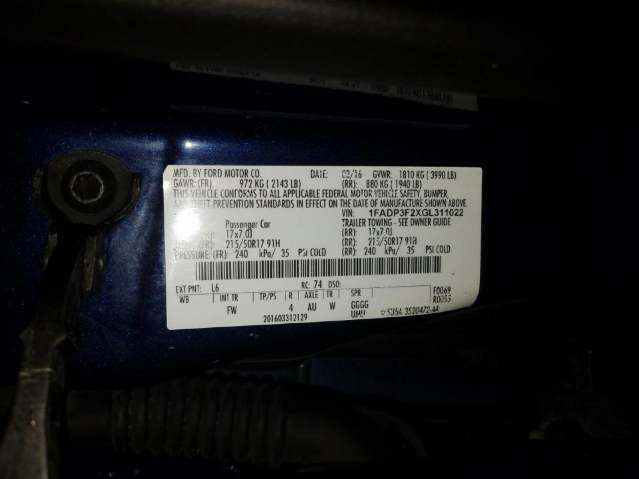 Photo 10 from auction – 2016 FORD FOCUS SE with VIN 1FADP3F2XGL311022