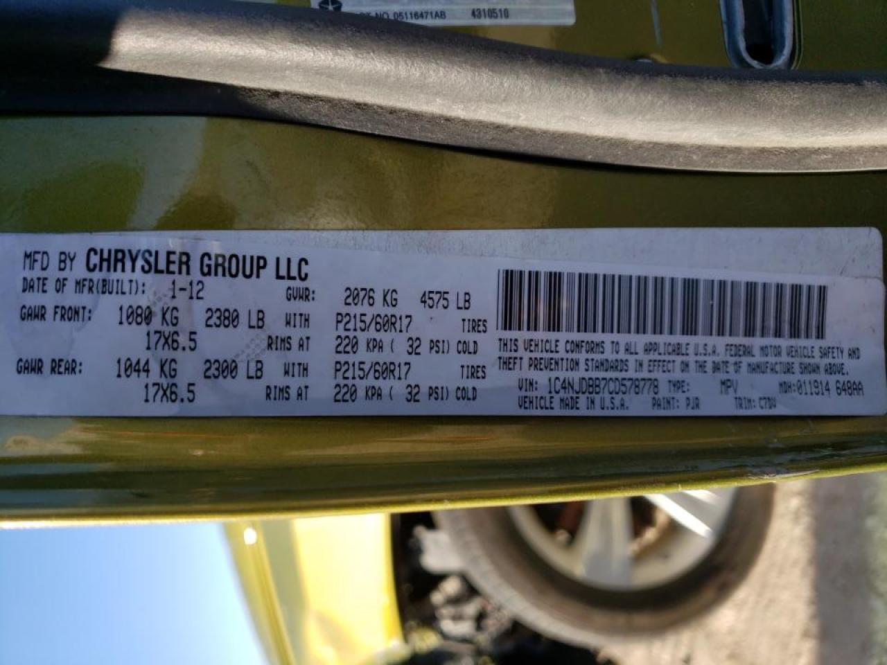 Photo 10 from auction – 2012 JEEP COMPASS SP with VIN 1C4NJDBB7CD578778
