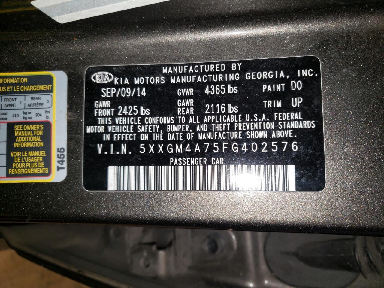 Photo 10 from auction – 2015 KIA OPTIMA LX with VIN 5XXGM4A75FG402576