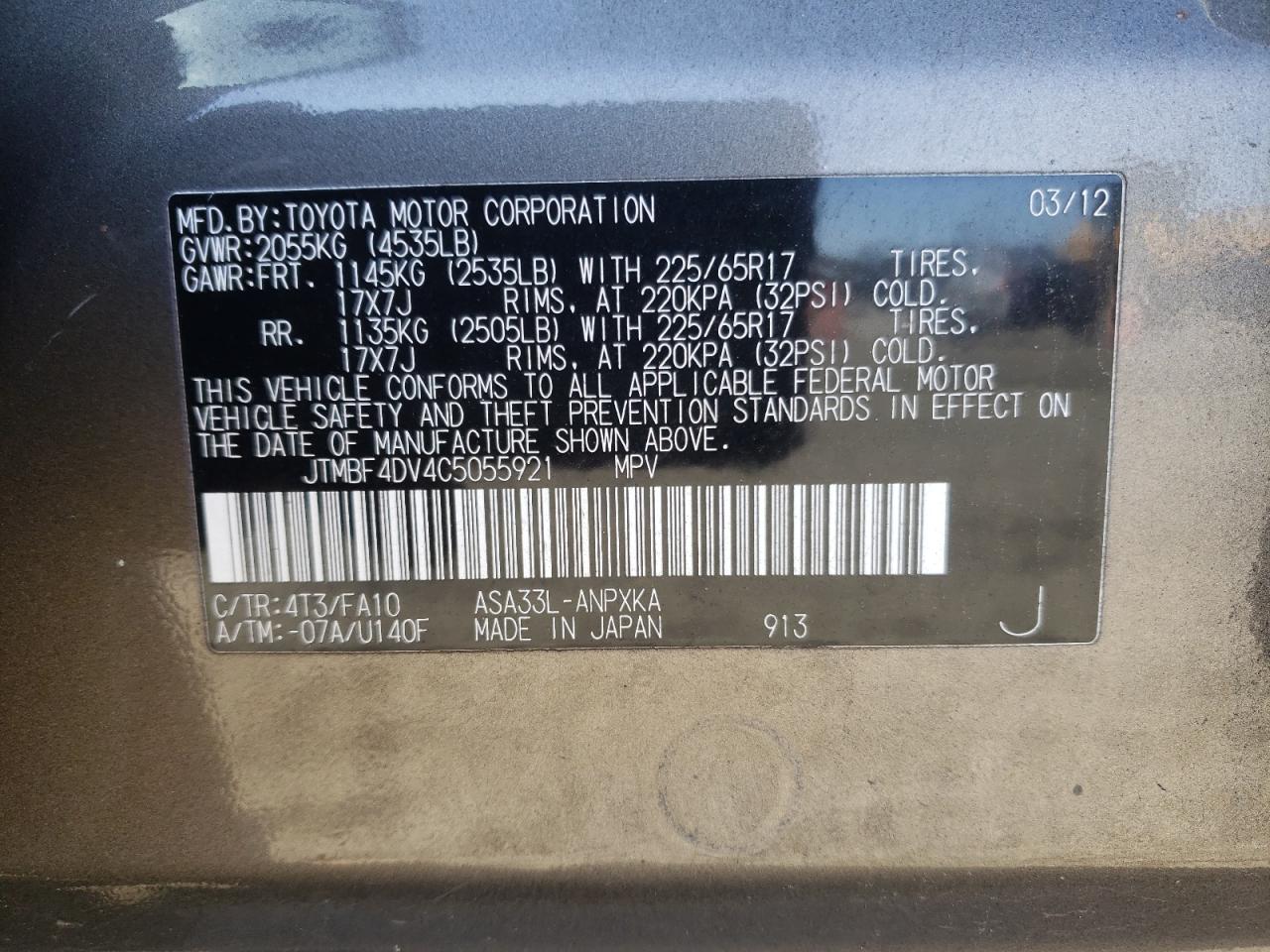 Photo 10 from auction – 2012 TOYOTA RAV4 with VIN JTMBF4DV4C5055921