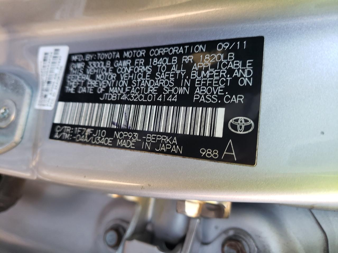 Photo 10 from auction – 2012 TOYOTA YARIS with VIN JTDBT4K32CL014144