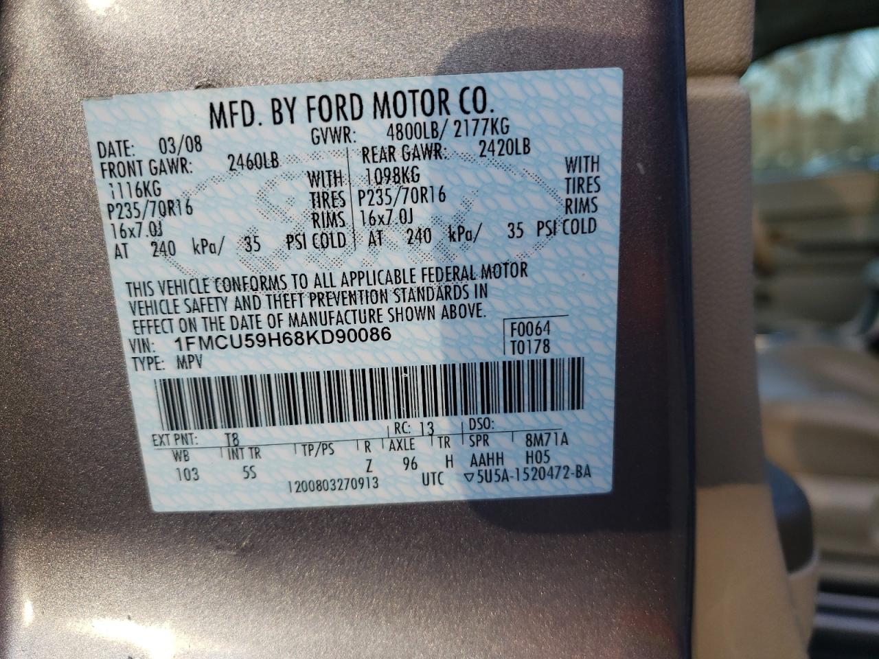 Photo 10 from auction – 2008 FORD ESCAPE HEV with VIN 1FMCU59H68KD90086