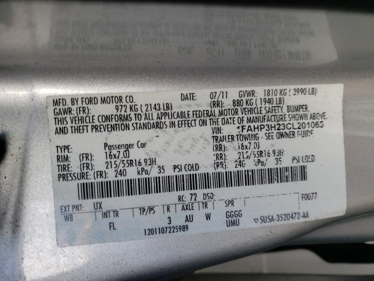 Photo 10 from auction – 2012 FORD FOCUS SEL with VIN 1FAHP3H23CL201065