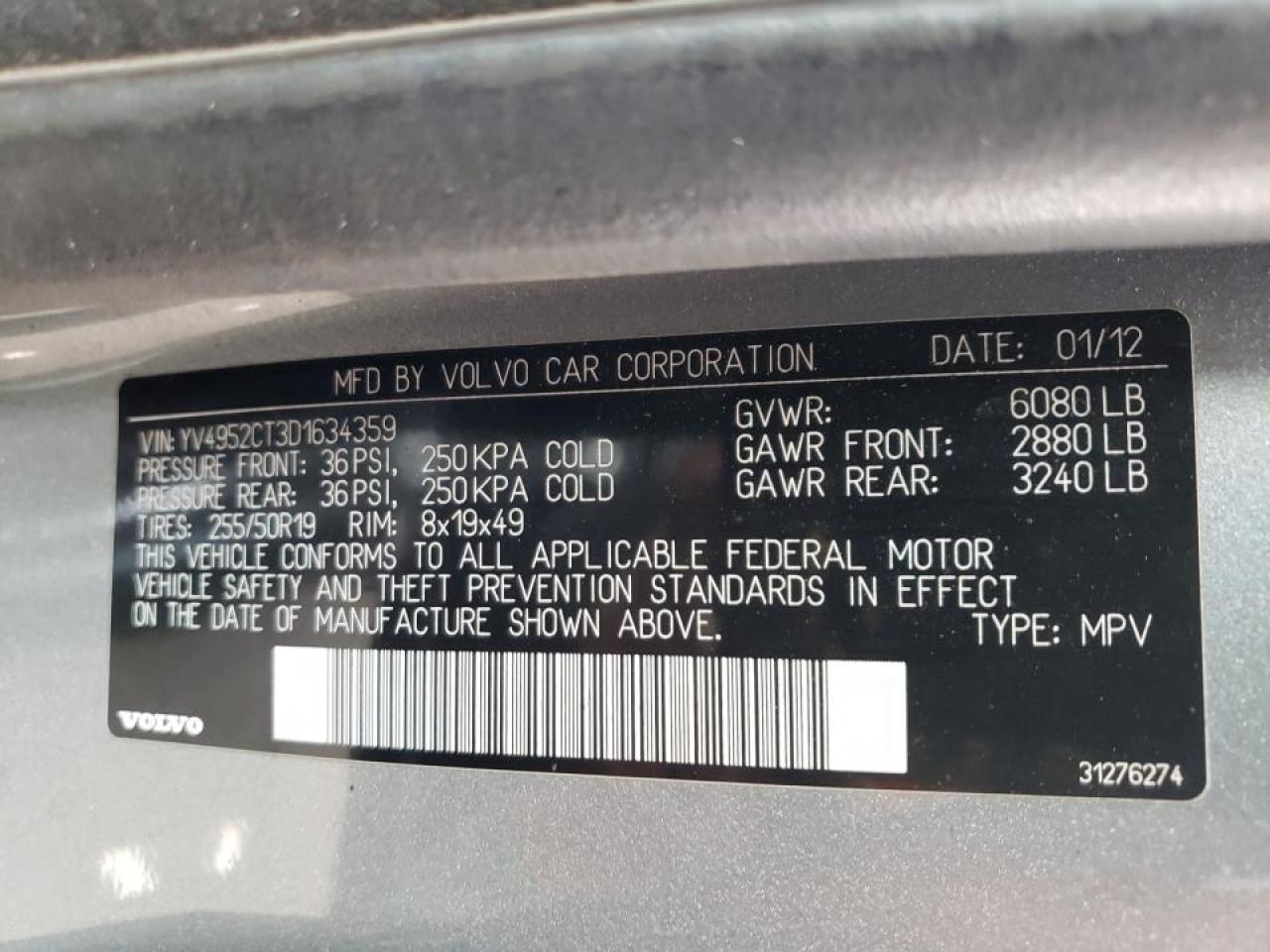 Photo 10 from auction – 2013 VOLVO XC90 R DES with VIN YV4952CT3D1634359