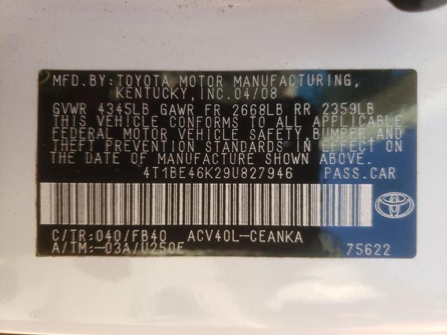 Photo 10 from auction – 2009 TOYOTA CAMRY BASE with VIN 4T1BE46K29U827946