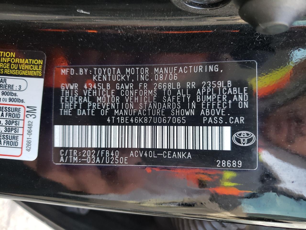 Photo 10 from auction – 2007 TOYOTA CAMRY CE with VIN 4T1BE46K87U067065