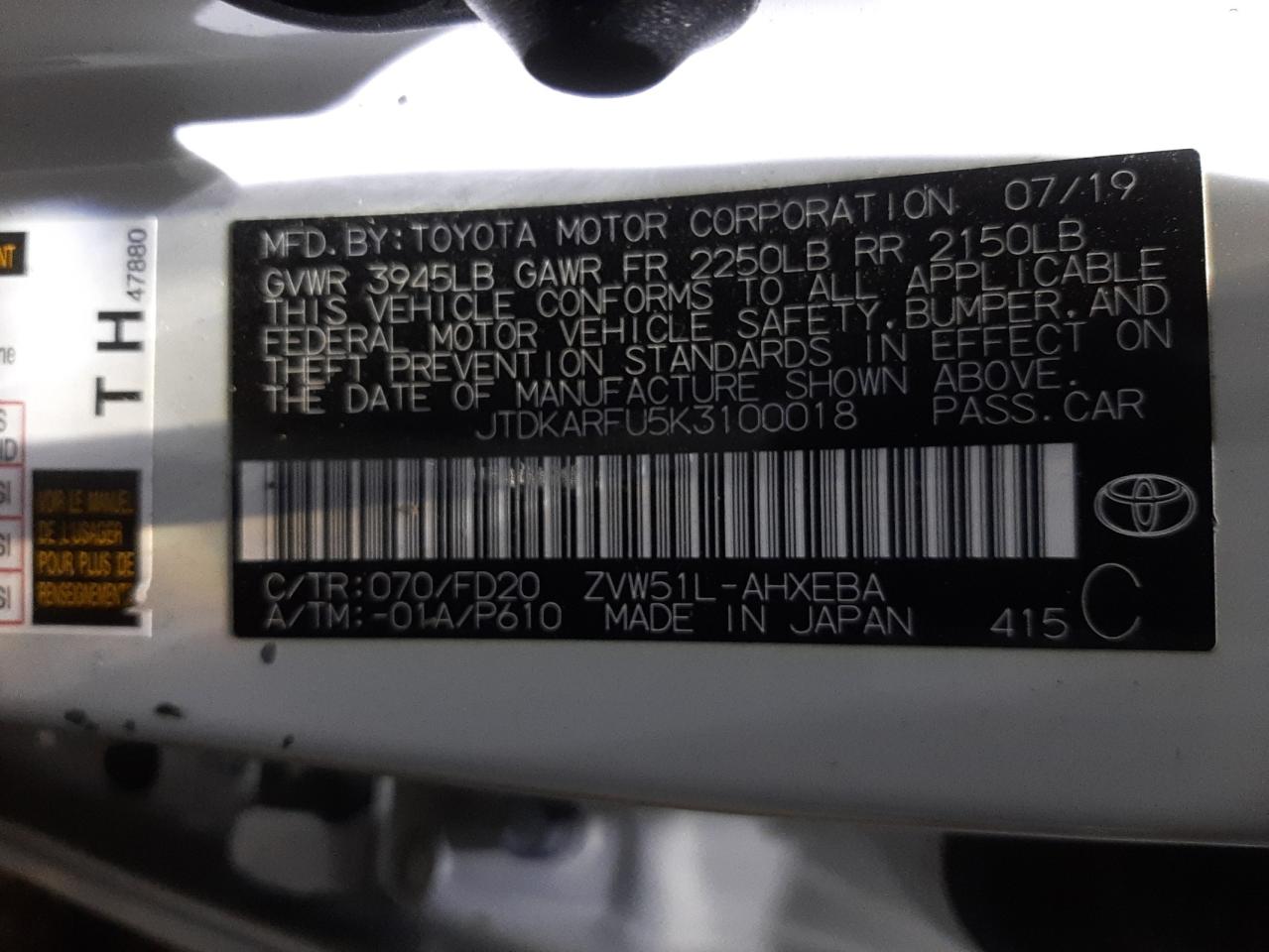 Photo 10 from auction – 2019 TOYOTA PRIUS with VIN JTDKARFU5K3100018