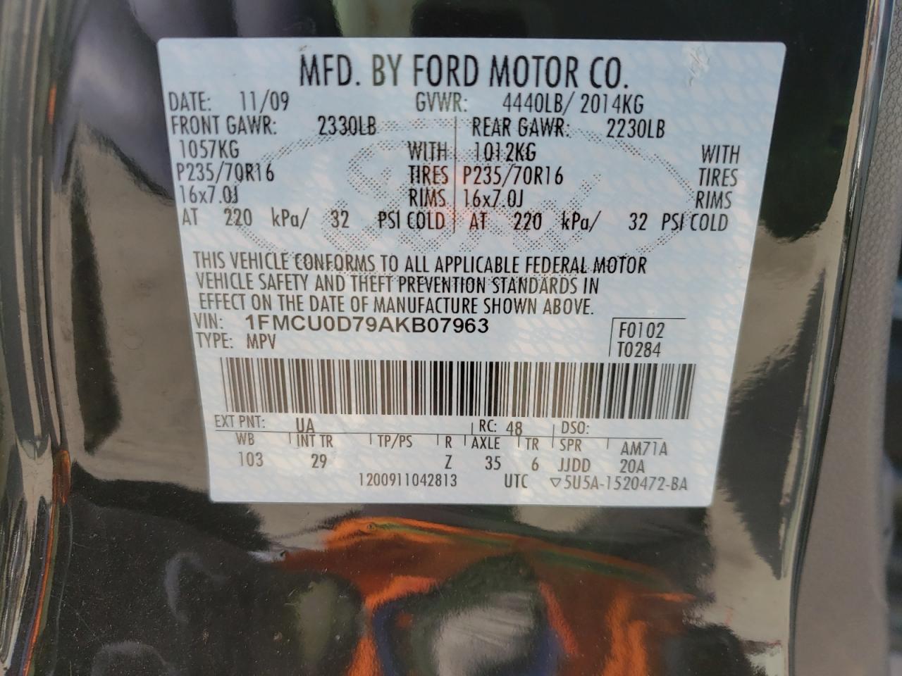 Photo 10 from auction – 2010 FORD ESCAPE XLT with VIN 1FMCU0D79AKB07963