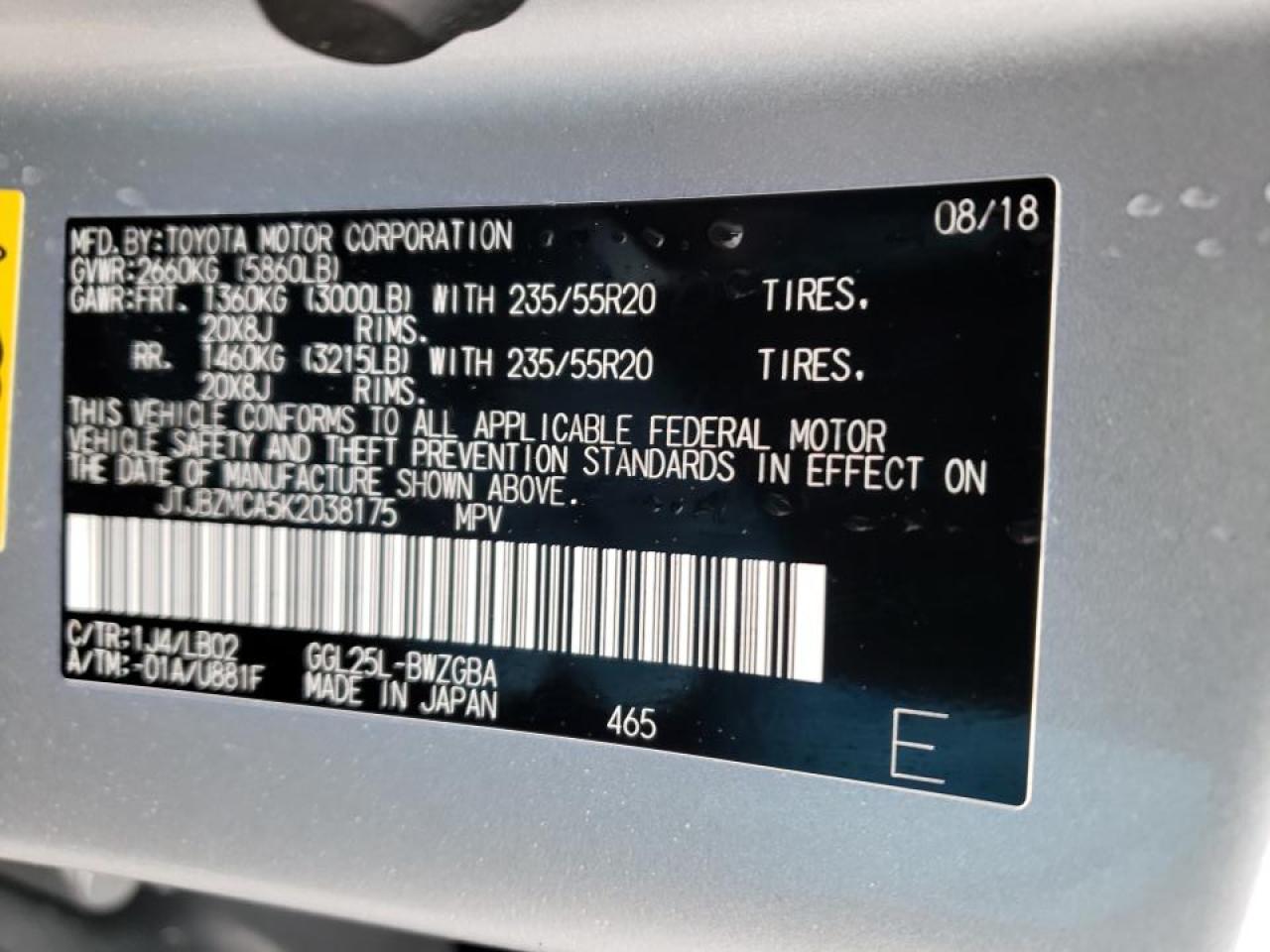Photo 10 from auction – 2019 LEXUS RX 350 BAS with VIN JTJBZMCA5K2038175