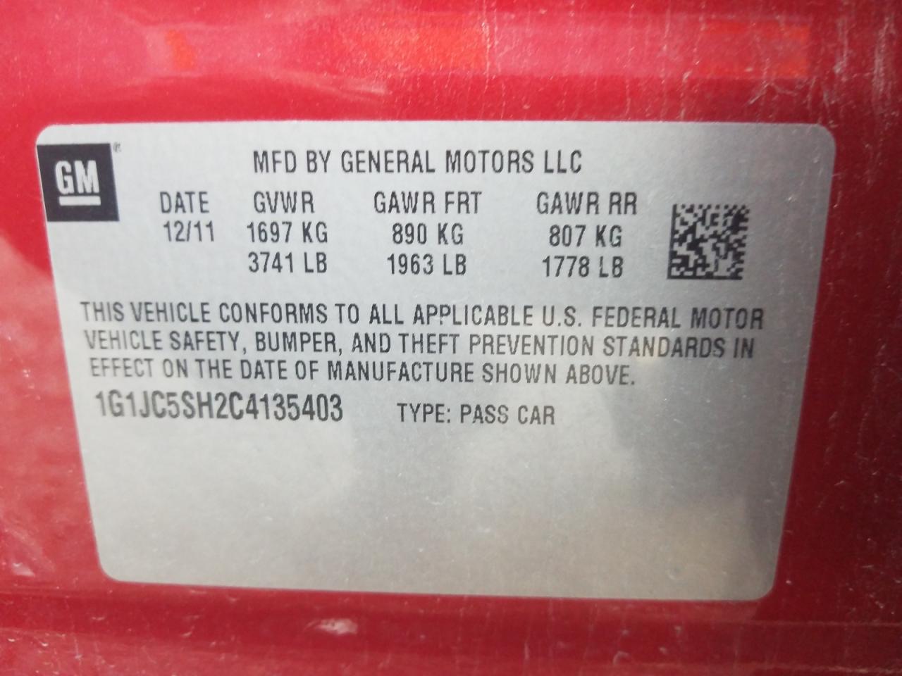 Photo 10 from auction – 2012 CHEVROLET SONIC LT with VIN 1G1JC5SH2C4135403