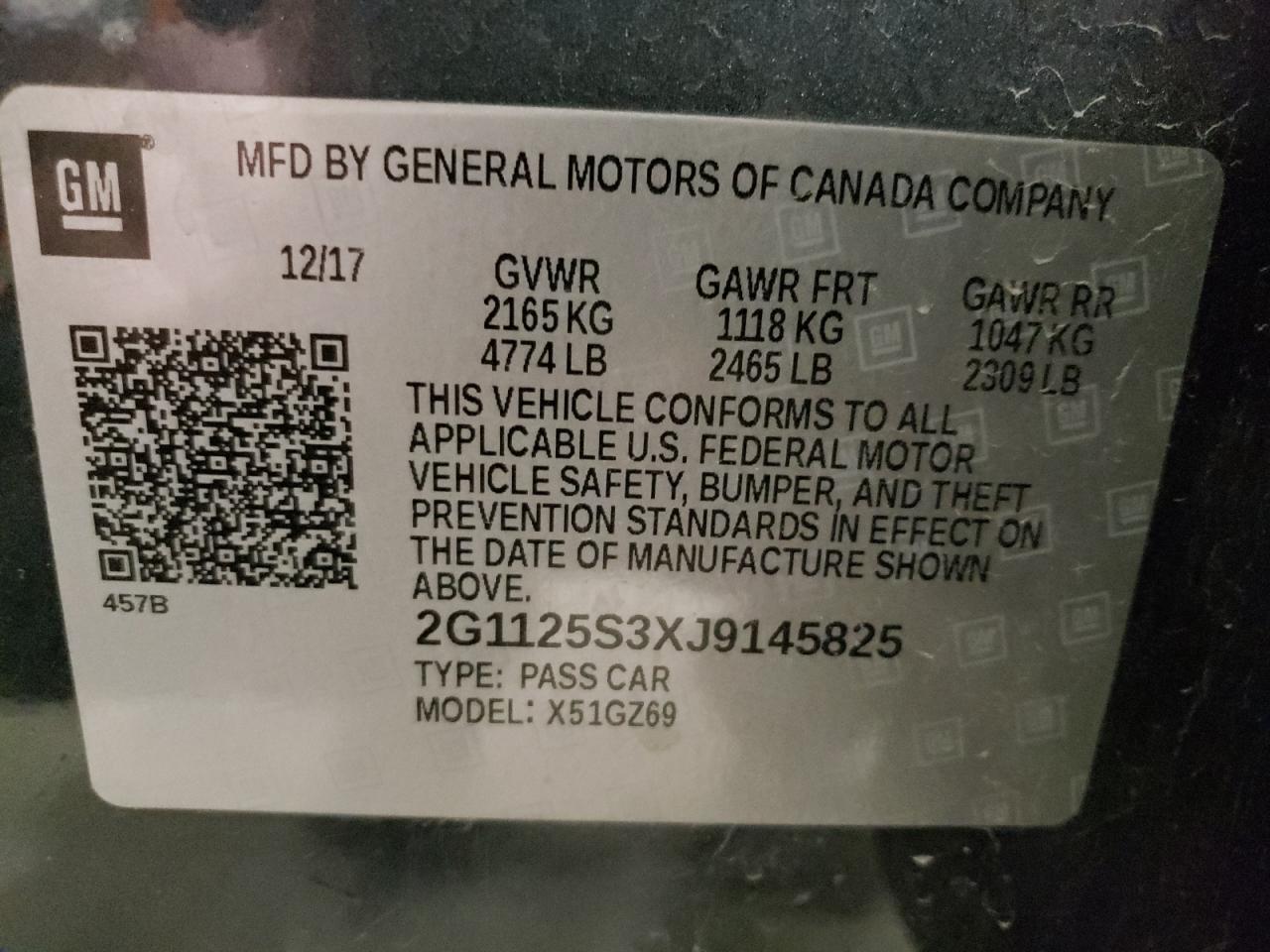 Photo 10 from auction – 2018 CHEVROLET IMPALA PRE with VIN 2G1125S3XJ9145825