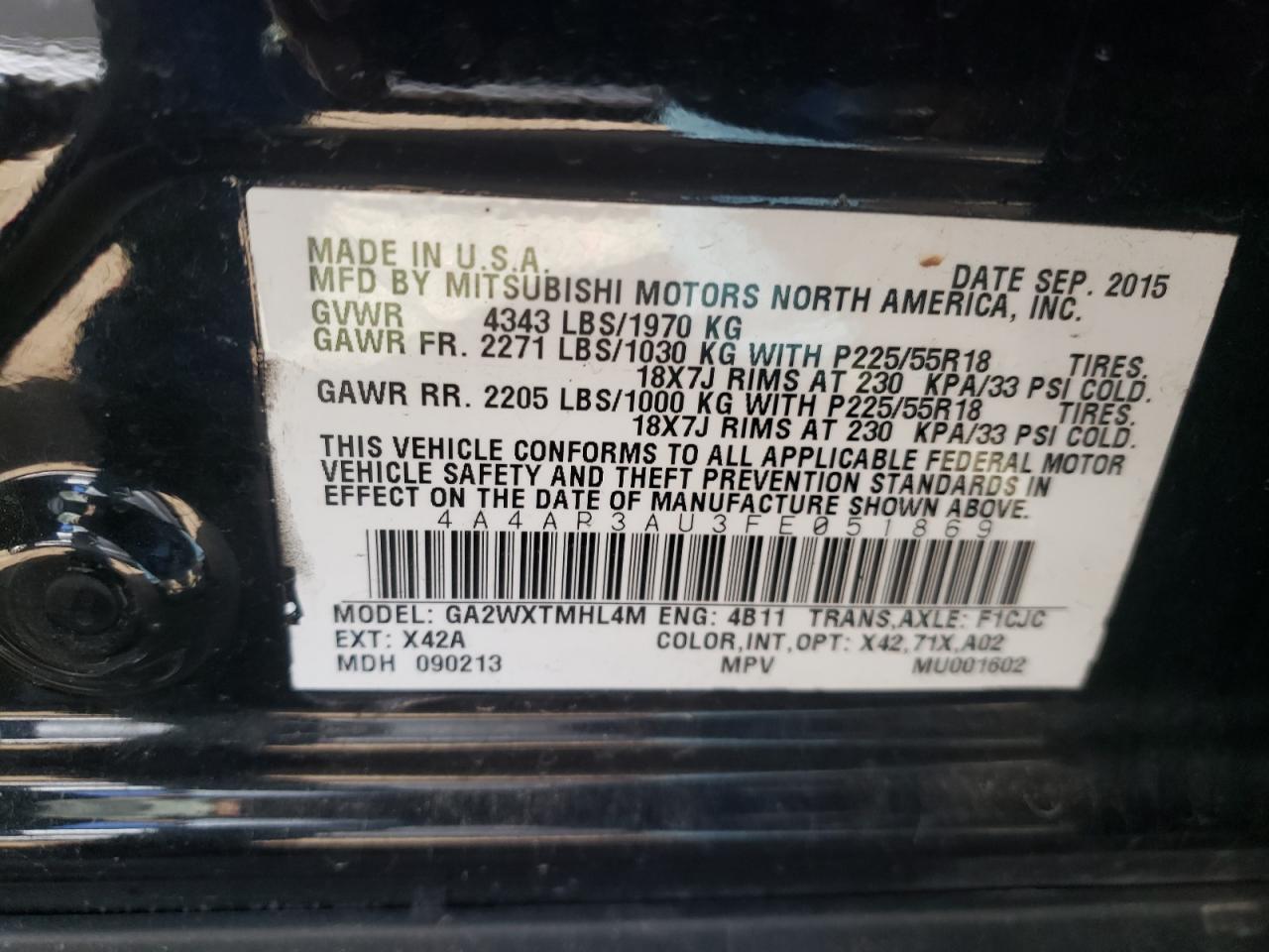 Photo 10 from auction – 2015 MITSUBISHI OUTLANDER with VIN 4A4AP3AU3FE051869