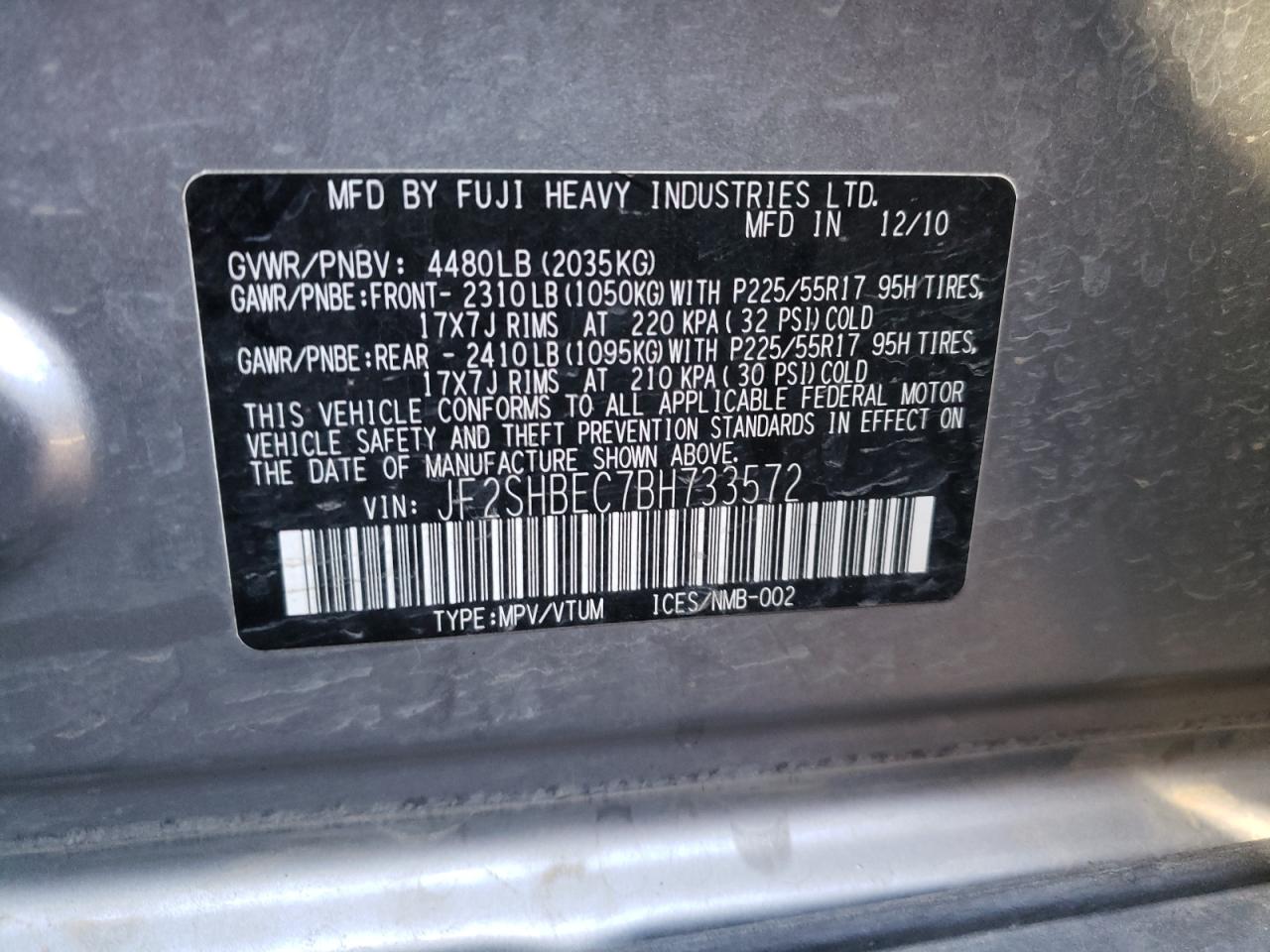 Photo 10 from auction – 2011 SUBARU FORESTER L with VIN JF2SHBEC7BH733572