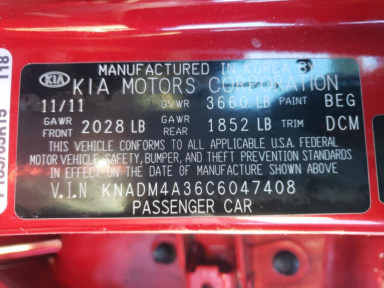 Photo 10 from auction – 2012 KIA RIO LX with VIN KNADM4A36C6047408