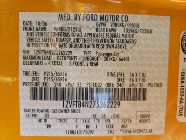 Photo 10 from auction – 2007 FORD MUSTANG with VIN 1ZVFT84N275262229