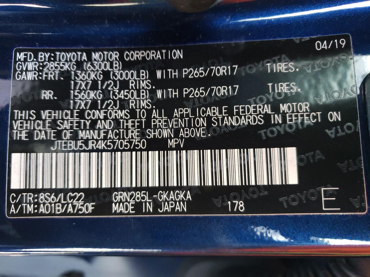 Photo 10 from auction – 2019 TOYOTA 4RUNNER SR with VIN JTEBU5JR4K5705750