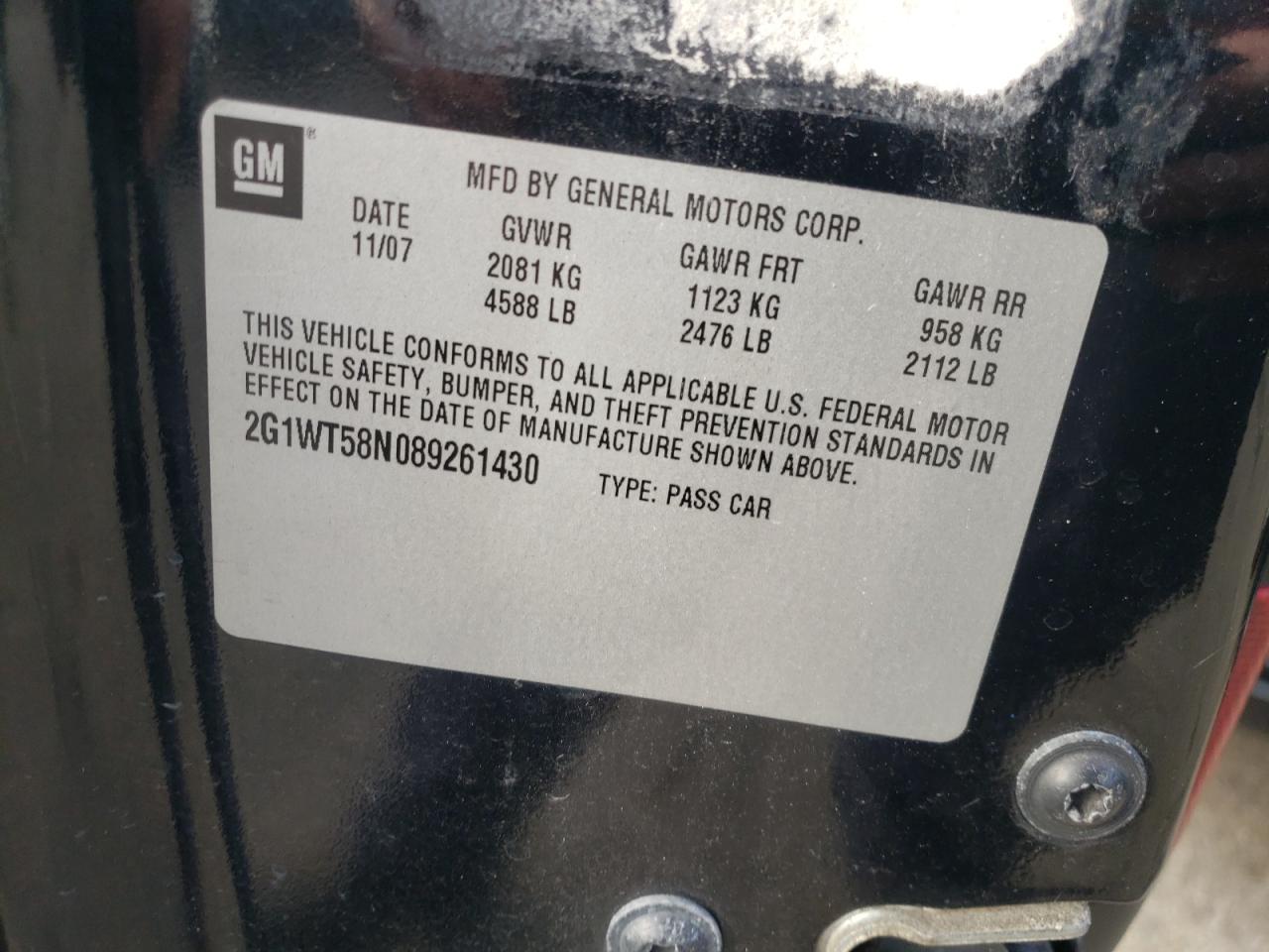 Photo 10 from auction – 2008 CHEVROLET IMPALA with VIN 2G1WT58N089261430
