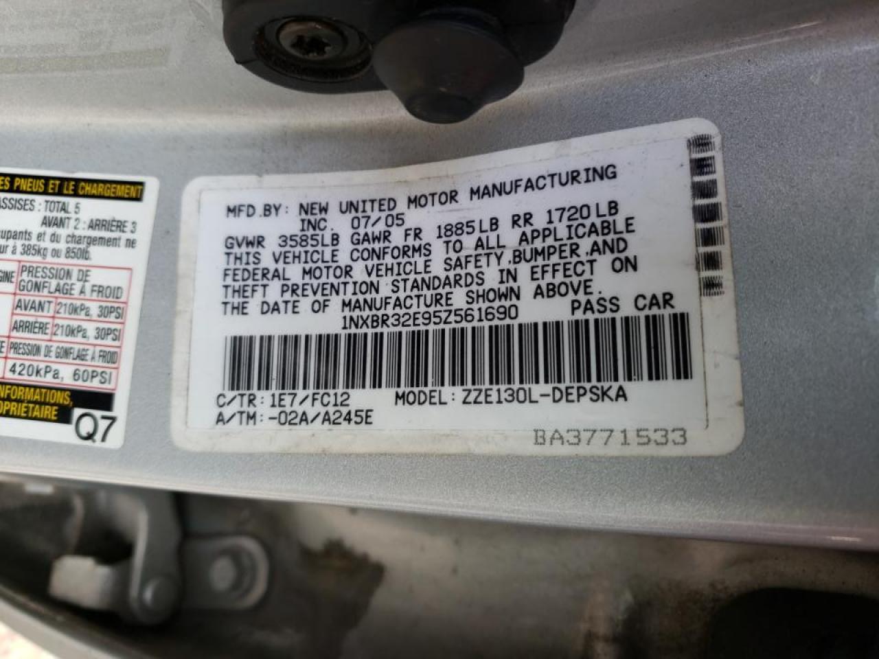 Photo 10 from auction – 2005 TOYOTA COROLLA CE with VIN 1NXBR32E95Z561690
