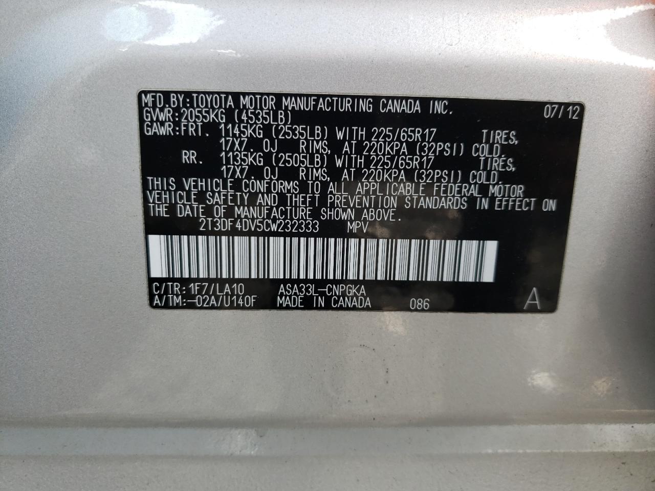 Photo 10 from auction – 2012 TOYOTA RAV4 LIMIT with VIN 2T3DF4DV5CW232333