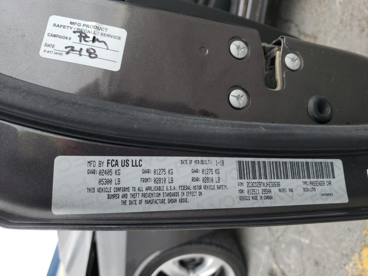 Photo 10 from auction – 2018 DODGE CHALLENGER with VIN 2C3CDZBTXJH232636
