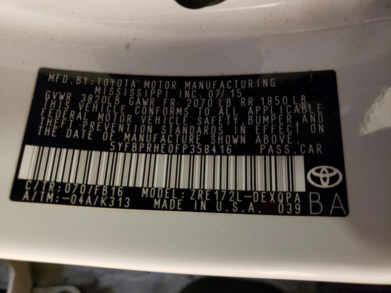 Photo 10 from auction – 2015 TOYOTA COROLLA EC with VIN 5YFBPRHE0FP358416
