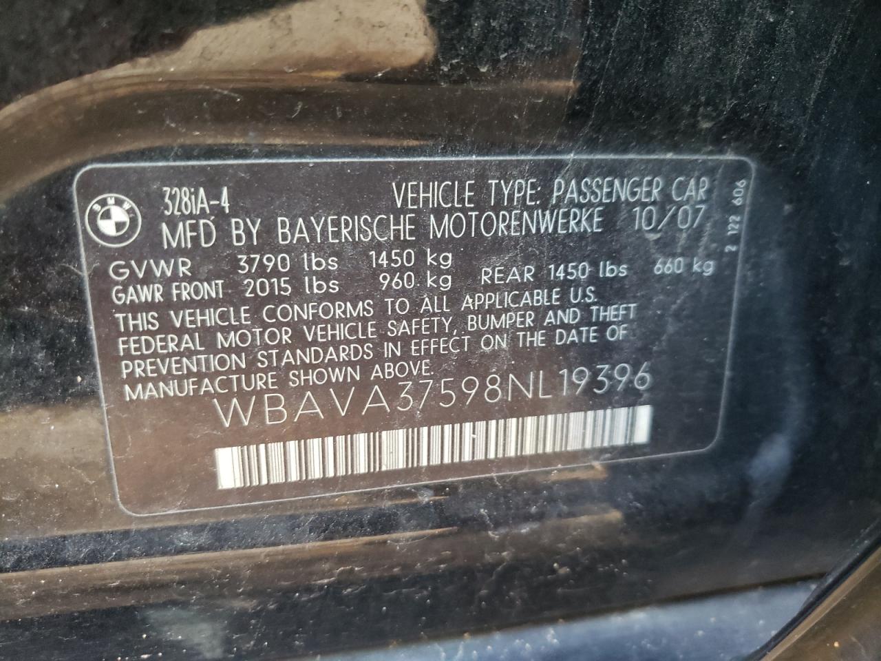 Photo 10 from auction – 2008 BMW 328 I with VIN WBAVA37598NL19396