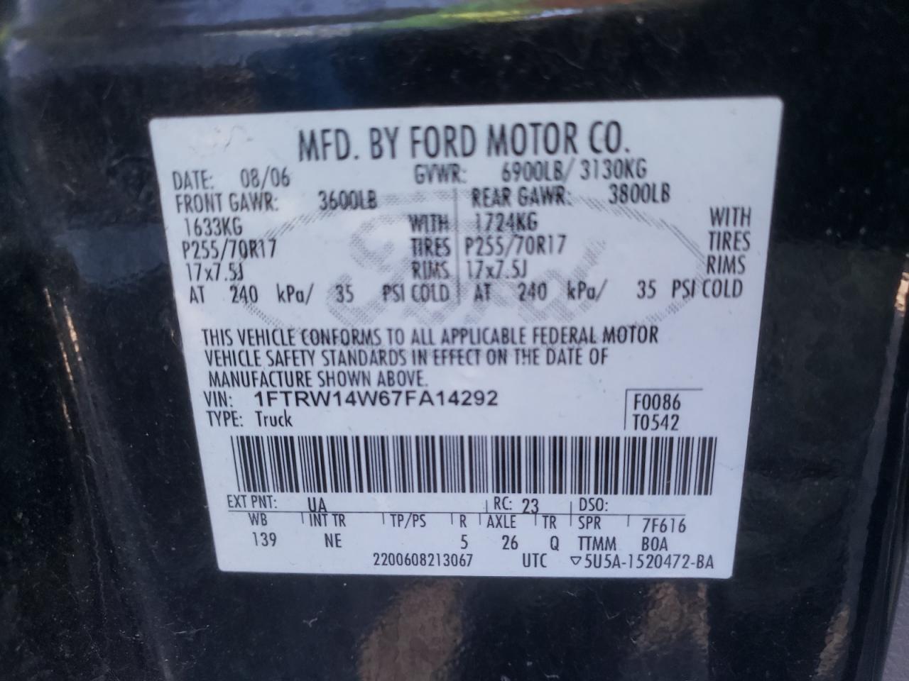 Photo 10 from auction – 2007 FORD F150 SUPER with VIN 1FTRW14W67FA14292