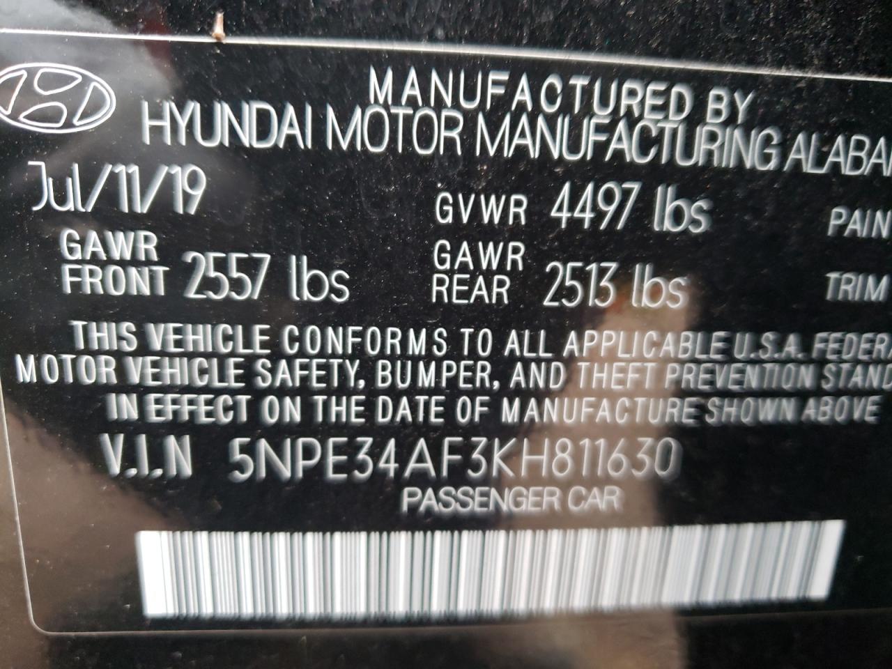 Photo 10 from auction – 2019 HYUNDAI SONATA LIM with VIN 5NPE34AF3KH811630