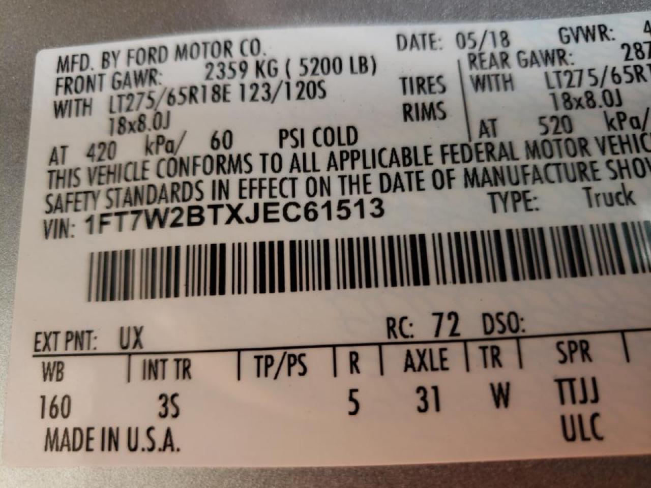 Photo 10 from auction – 2018 FORD F250 SUPER with VIN 1FT7W2BTXJEC61513