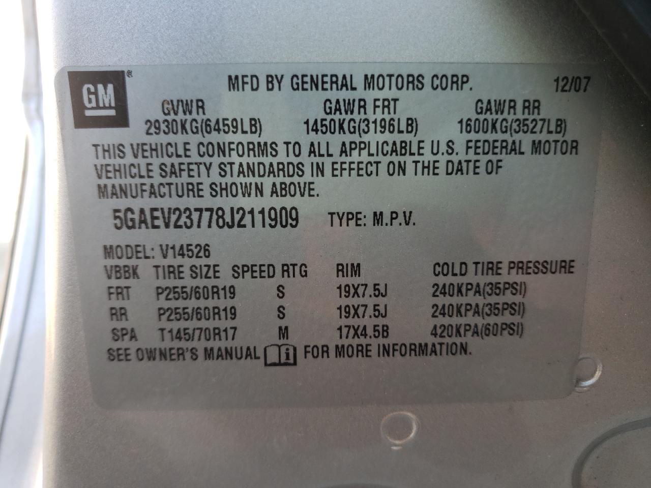 Photo 10 from auction – 2008 BUICK ENCLAVE CX with VIN 5GAEV23778J211909