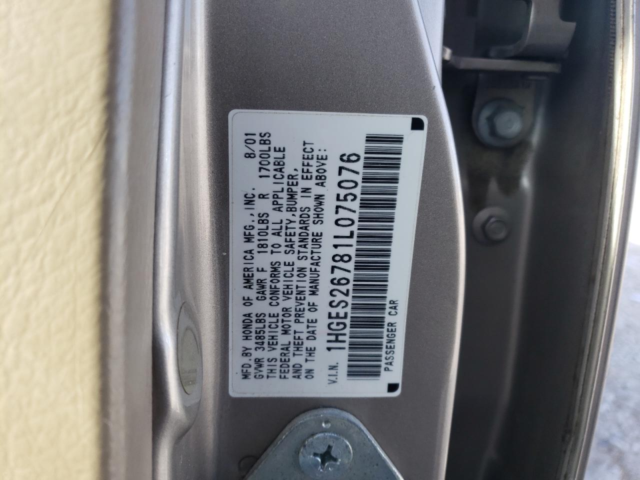 Photo 10 from auction – 2001 HONDA CIVIC EX with VIN 1HGES26781L075076