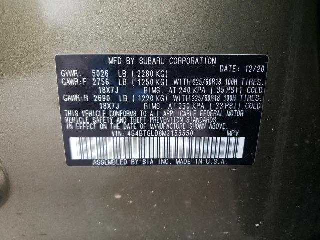 Photo 10 from auction – 2021 SUBARU OUTBACK ON with VIN 4S4BTGLD8M3155550