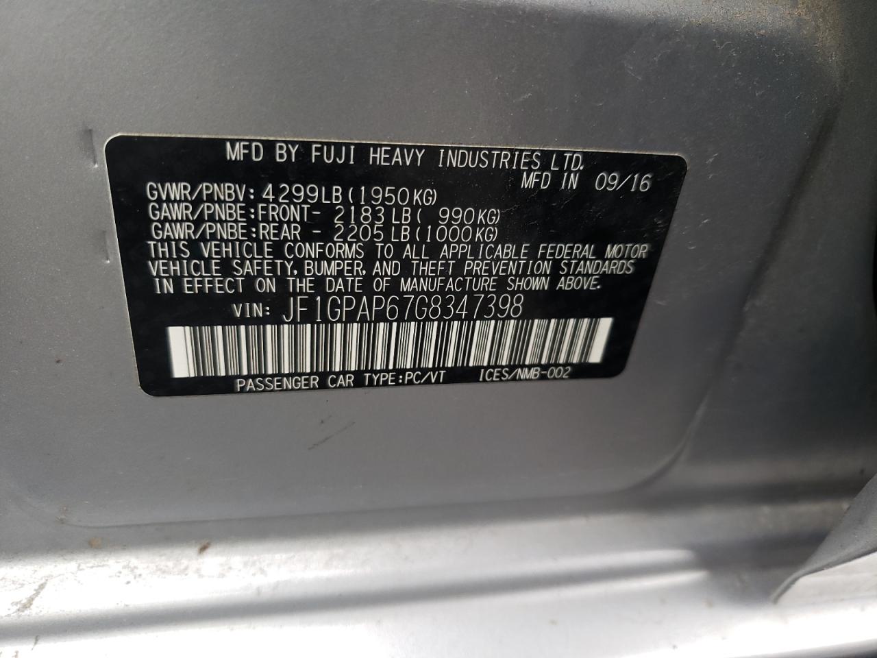 Photo 10 from auction – 2016 SUBARU IMPREZA SP with VIN JF1GPAP67G8347398