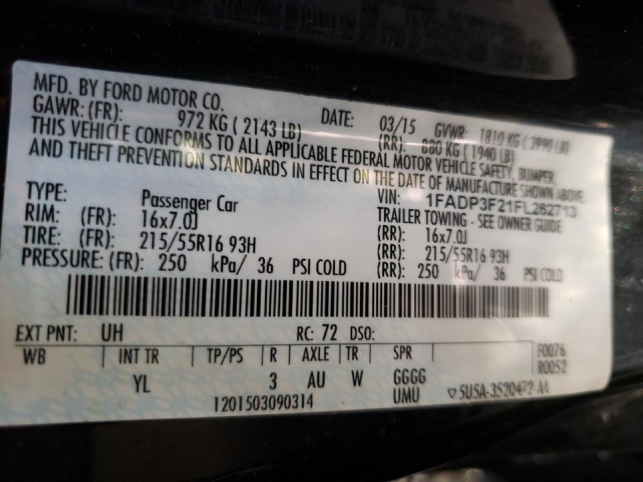 Foto 10 de la subasta – 2015 FORD FOCUS SE con VIN 1FADP3F21FL262713