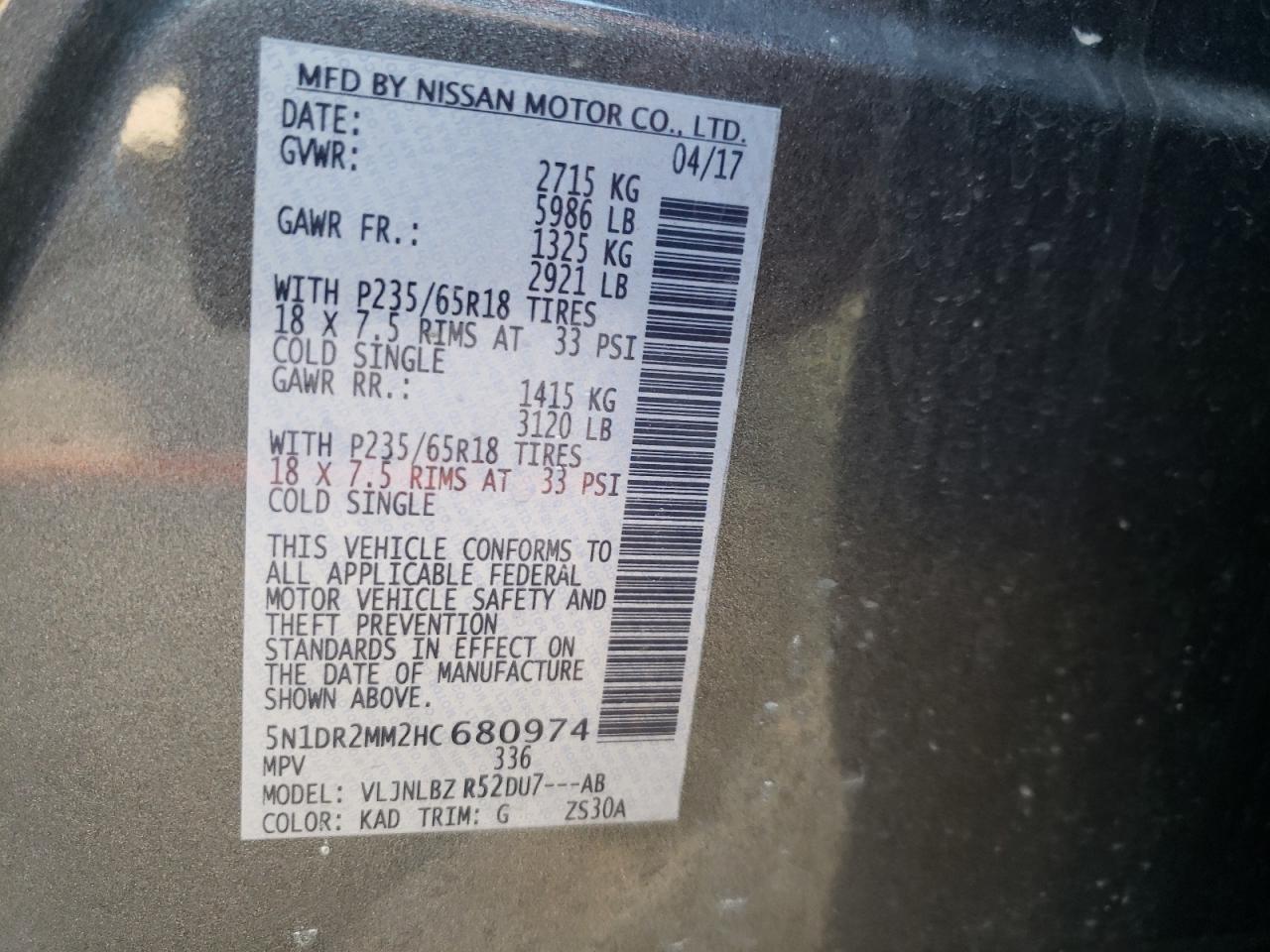 صورة رقم 10 من المزاد - 2017 NISSAN PATHFINDER مع VIN 5N1DR2MM2HC680974