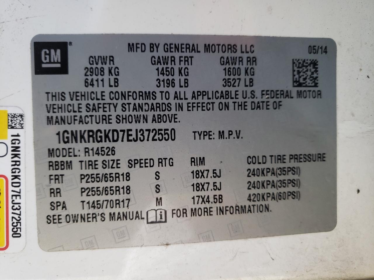 Photo 10 from auction – 2014 CHEVROLET TRAVERSE L with VIN 1GNKRGKD7EJ372550