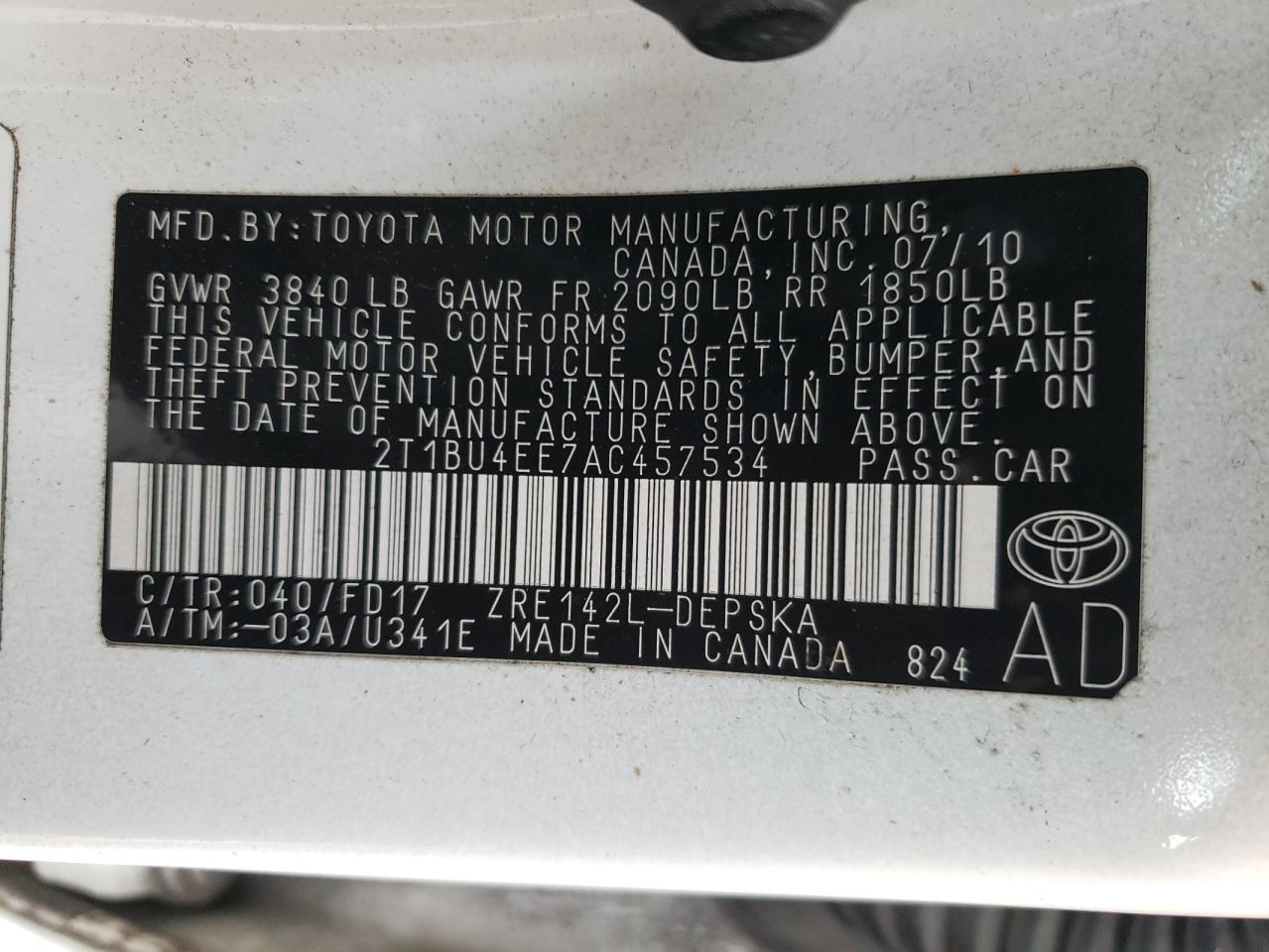 Photo 10 from auction – 2010 TOYOTA COROLLA S with VIN 2T1BU4EE7AC457534