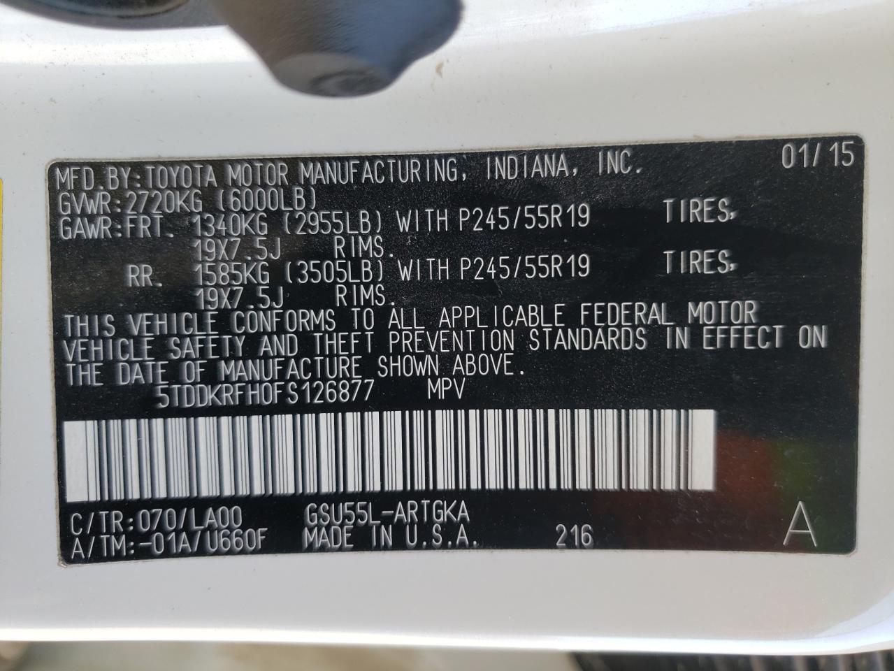 Photo 10 from auction – 2015 TOYOTA HIGHLANDER with VIN 5TDDKRFH0FS126877