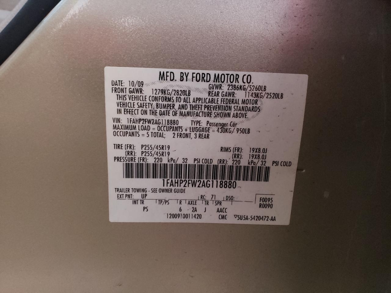 Photo 10 from auction – 2010 FORD TAURUS LIM with VIN 1FAHP2FW2AG118880