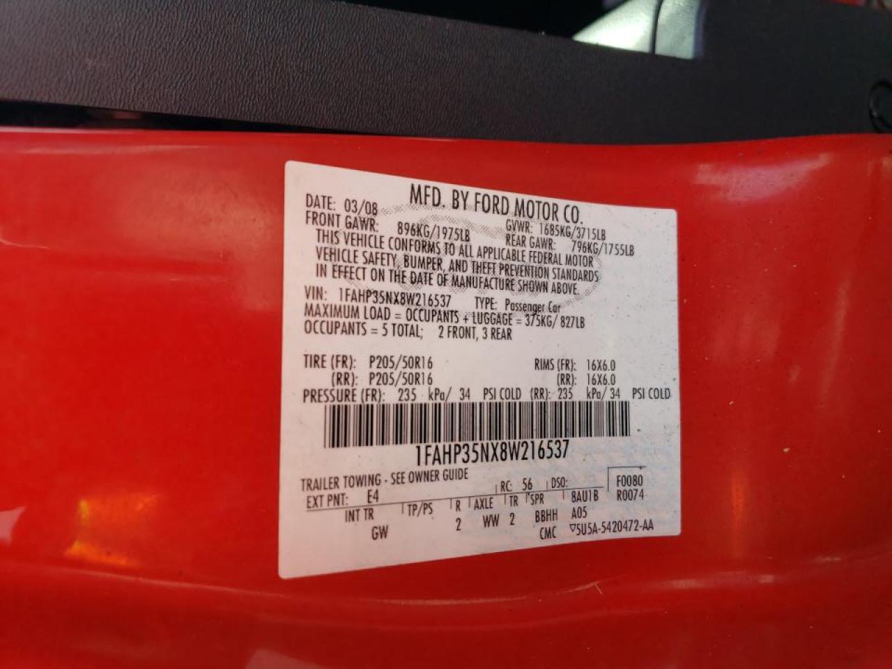 Photo 10 from auction – 2008 FORD FOCUS SE with VIN 1FAHP35NX8W216537