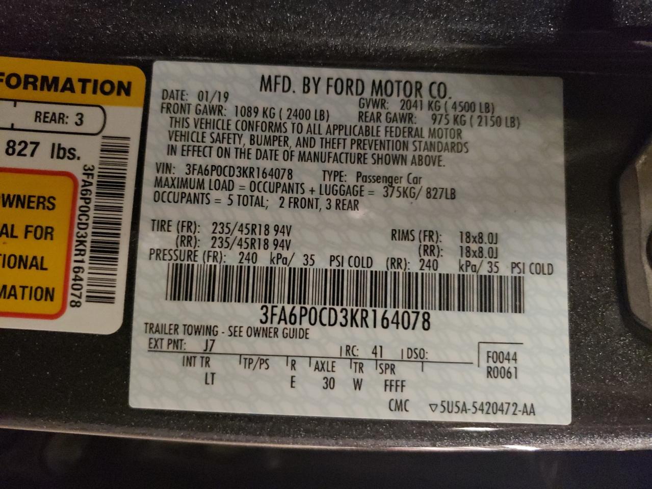 Photo 10 from auction – 2019 FORD FUSION SEL with VIN 3FA6P0CD3KR164078