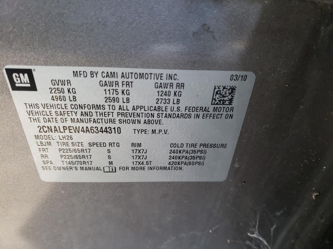 Photo 10 from auction – 2010 CHEVROLET EQUINOX LT with VIN 2CNALPEW4A6344310