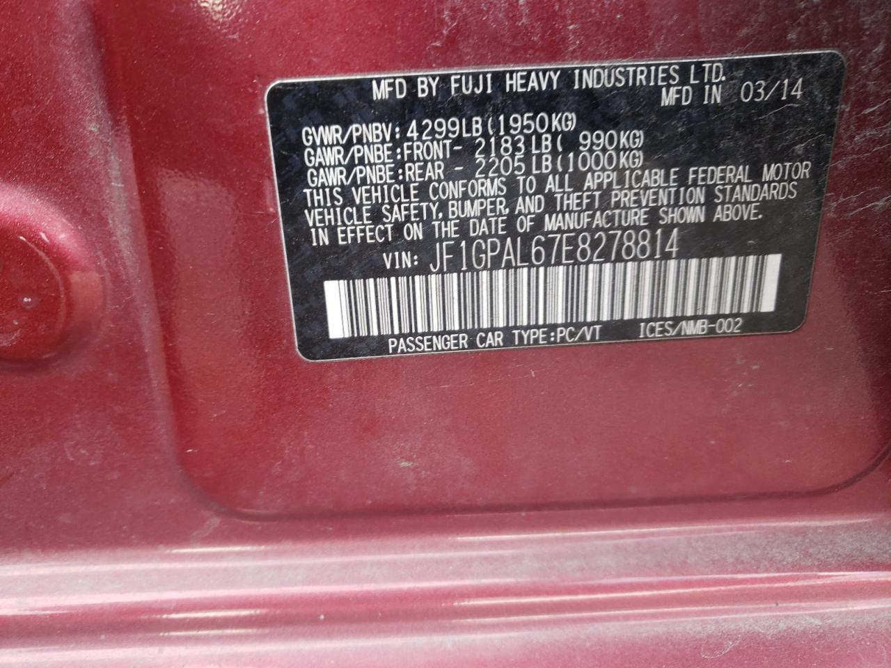 Photo 10 from auction – 2014 SUBARU IMPREZA SP with VIN JF1GPAL67E8278814