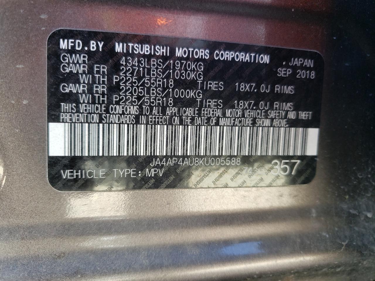 Photo 10 from auction – 2019 MITSUBISHI OUTLANDER with VIN JA4AP4AU8KU005588