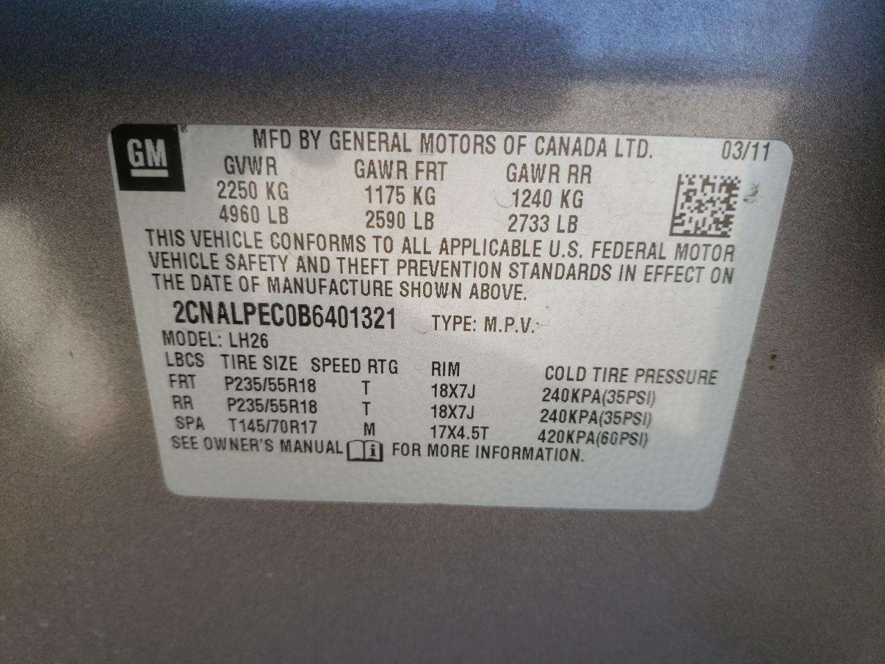 Photo 10 from auction – 2011 CHEVROLET EQUINOX LT with VIN 2CNALPEC0B6401321