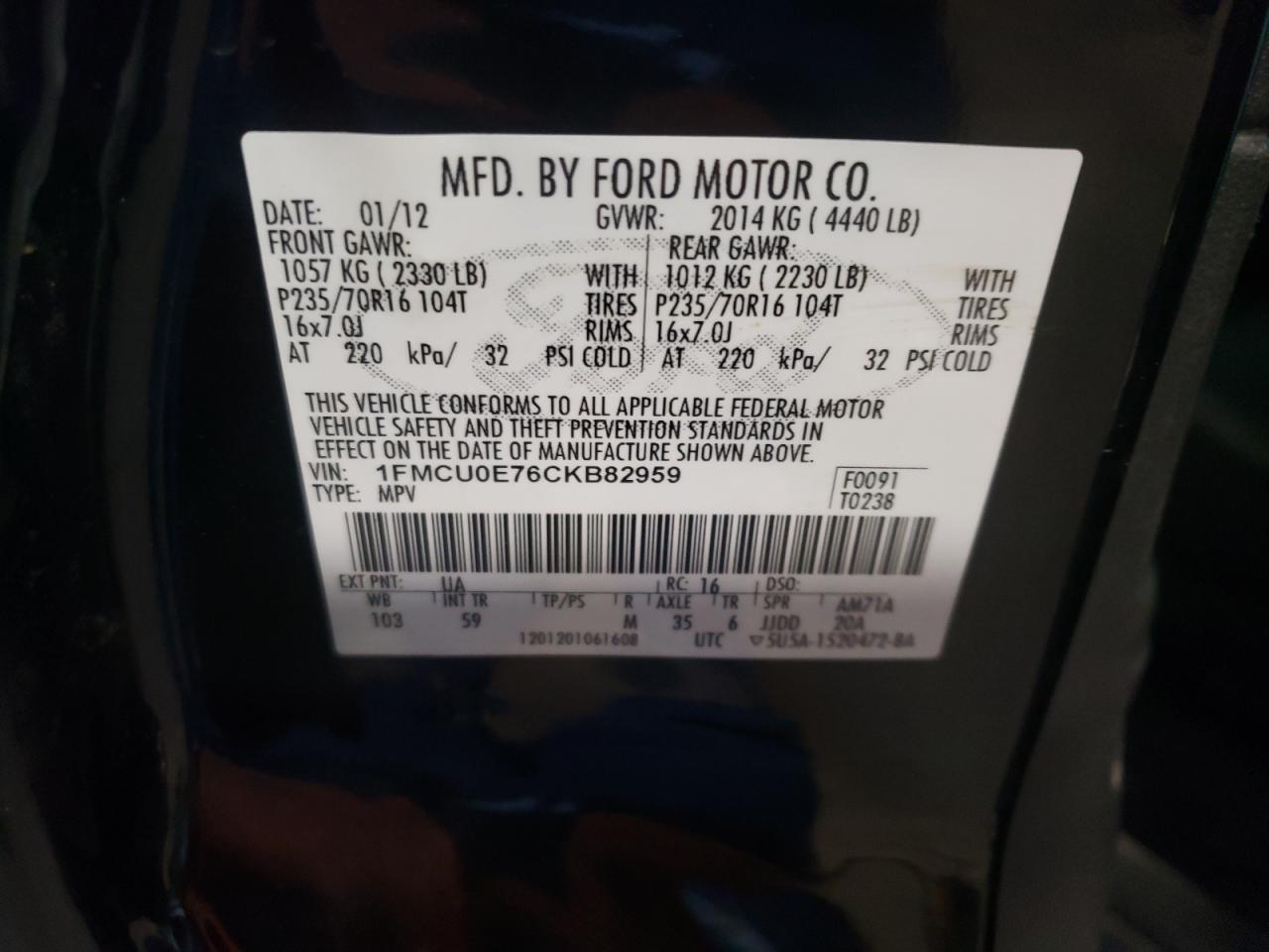 Photo 10 from auction – 2012 FORD ESCAPE LIM with VIN 1FMCU0E76CKB82959