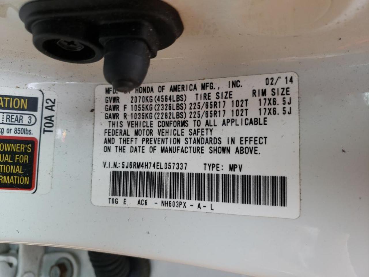 Photo 10 from auction – 2014 HONDA CR-V EXL with VIN 5J6RM4H74EL057337