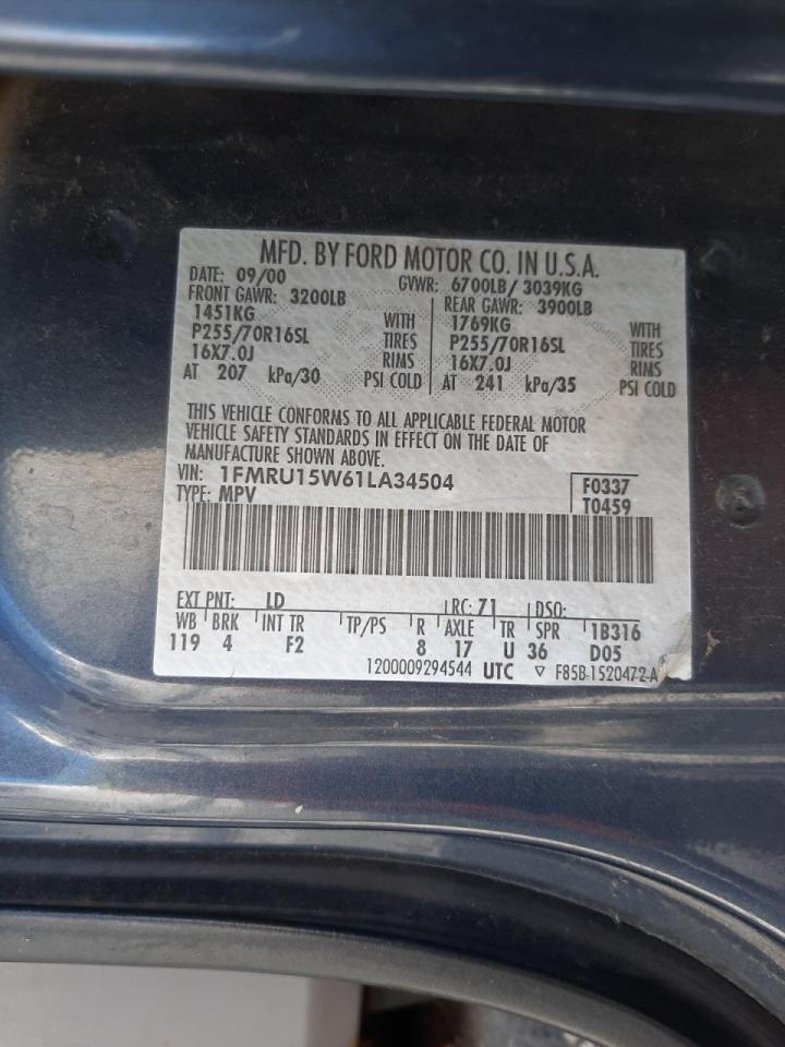 Photo 10 from auction – 2001 FORD EXPEDITION with VIN 1FMRU15W61LA34504
