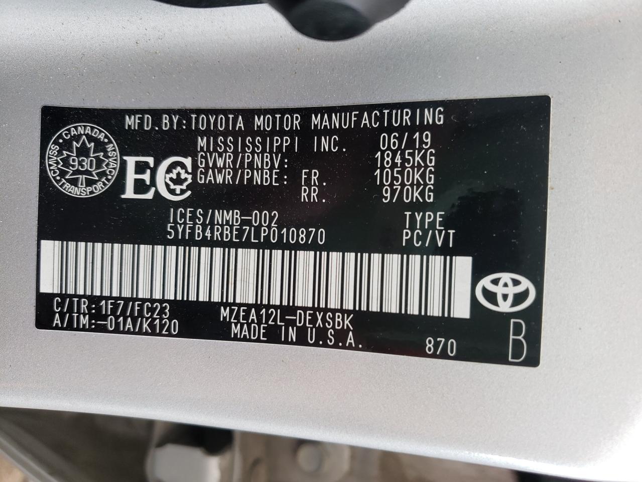 Photo 10 from auction – 2020 TOYOTA COROLLA SE with VIN 5YFB4RBE7LP010870
