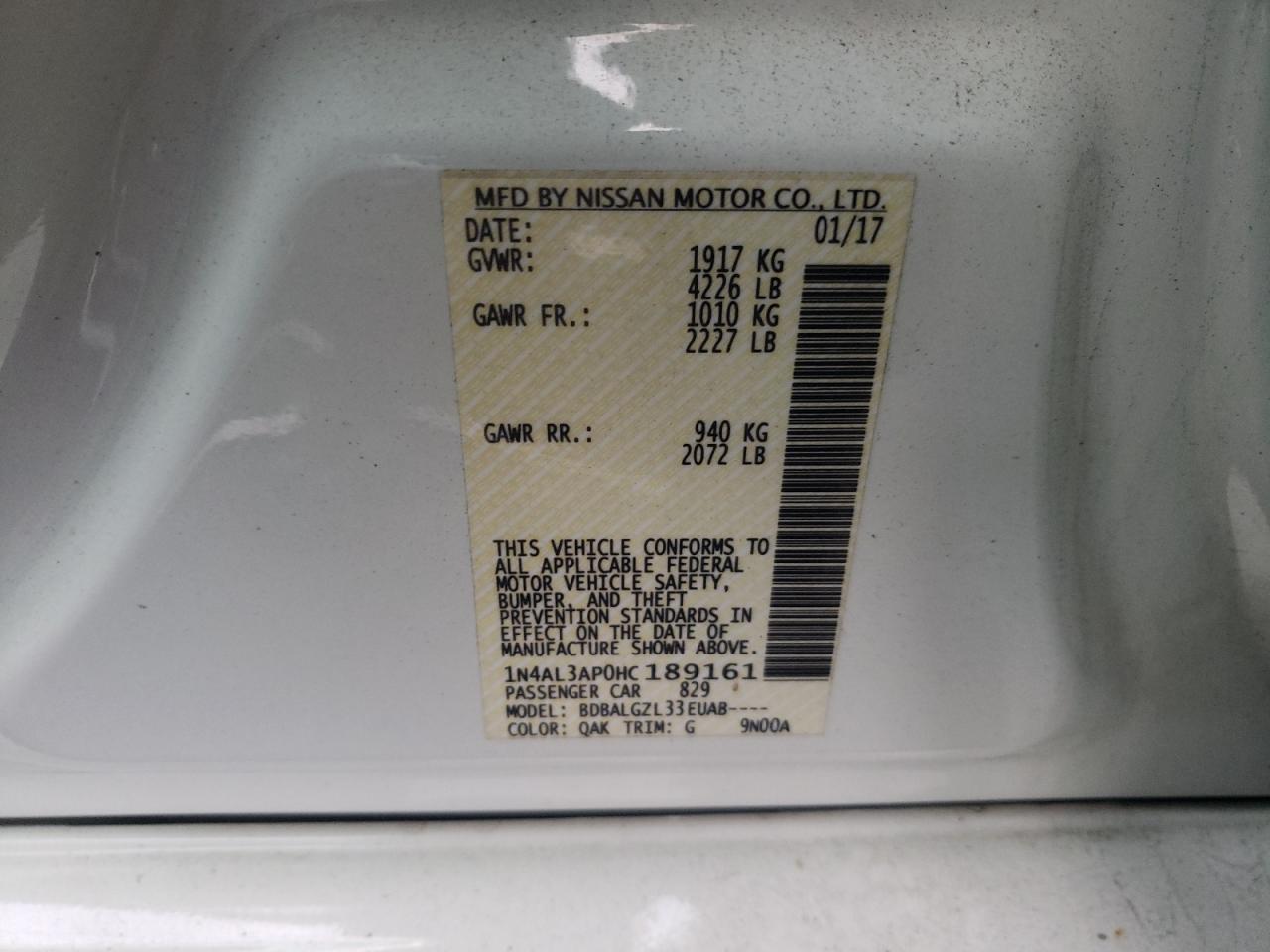 Photo 10 from auction – 2017 NISSAN ALTIMA 2.5 with VIN 1N4AL3AP0HC189161